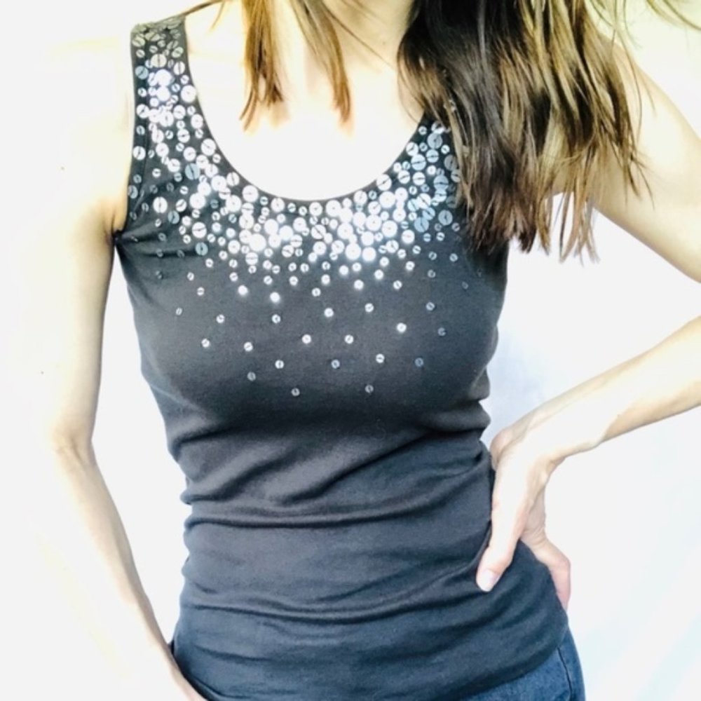 Deep olive green and silver sequin cotton tank
